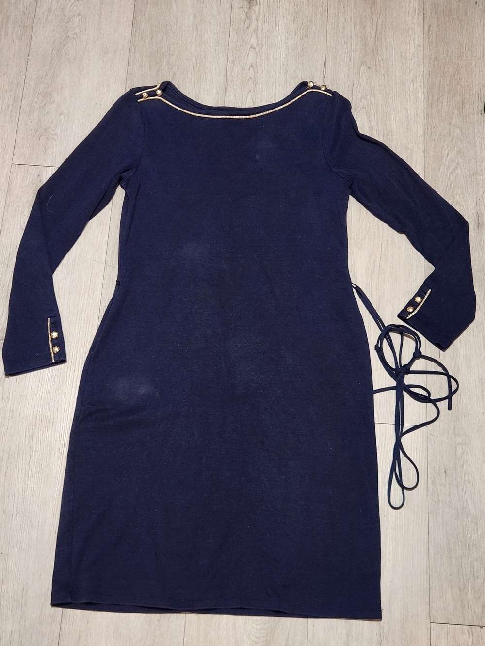Lauren Ralph Lauren Navy Blue Long Sleeve Boatneck Dress Gold Buttons M